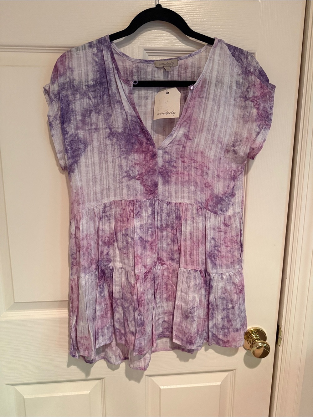 Wonderly Purple & White Tie-Dye V-Neck Ruffle Tunic
